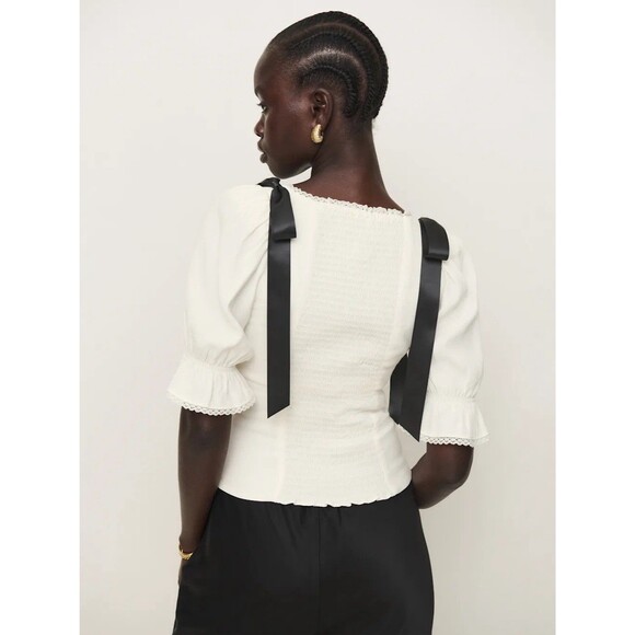 Reformation Inara Satin Bow Top Women’s Size 2 Small Smocked Fitted Blouse - Picture 3 of 11